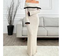 Elegante e carino vestito-maglione al ginocchio a forma di A in maglia a coste con scollo a madonna, dettagli in pizzo e contrasto di colori, realizzato in filato melange L,M,SBlocchi di colore,Colore