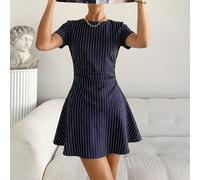 Elegante e chic abito a righe blu navy con collo rotondo, maniche corte, mini abito, vestibilità aderente, linea A, adatto per l'estate e l'inverno, stile pendolare e influencer, per feste L,M,S,XL,XS