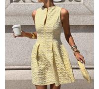 Elegante e chic abito giallo, con texture floreale jacquard, senza maniche, collo alla coreana, mini abito, adatto per outfit estivi e invernali, stile pendolare e influencer, per vacanze e feste L,M,