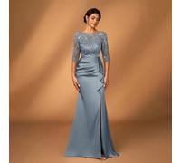 Elegante e chic abito lungo da damigella d'onore per madre della sposa, blu polvere, per cena e festa, con collo rotondo ricamato, maniche a tre quarti e orlo con volant L,M,S,XL,XS,XXL,XXS,XXXL,XXXXL