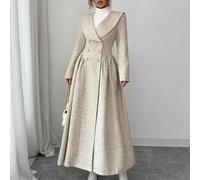 Elegante e chic cappotto lungo stile francese con collo a bavero, maniche lunghe, chiusura doppio petto, decorazione con bottoni di perle e pieghe, taglio a-line, colore beige L,M,S,XLColore unicoTess