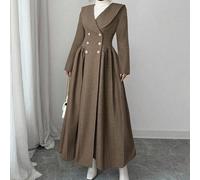 Elegante e chic cappotto lungo stile francese con collo a bavero, maniche lunghe, chiusura doppio petto, decorazione con bottoni di perle e pieghe, taglio a-line, colore beige L,M,S,XLColore unicoTess