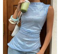 Elegante e chic top con paillettes, blusa azzurra chiara con collo alto e senza maniche, arricciata e aderente, adatta per outfit estivi e invernali, stile da pendolare e influencer, per uscite e fest