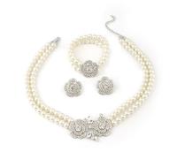 Elegante E Classico Bianco Collana Di Perle D'acqua Dolce, Perla Strass Orecchini Bracciale Collana Set Di Tre Adatto Per Cena Vestito Accessori Da Sposa White