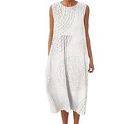 Elegante e comodo, abito estivo da donna, senza maniche, taglio largo, boho, strutturato, tubino in tessuto testurizzato, scollo a V, abito casual per la città, Stile-q01 Bianco, M