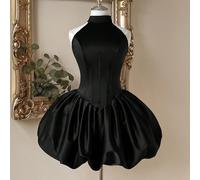 Elegante e dolce mini abito con spalle scoperte e collo alto, con design in vita con stecche e laccio regolabile sul retro, adatto per varie occasioni come abiti da cocktail, abiti da influencer e abi