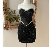 Elegante e glamour abito da festa mini aderente con scollo a V, vita svasata, decorato con patchwork ricamato in paillettes, catena e borchie, effetto lucido realizzato a mano L,M,S,XL,XS,XXL,XXS,XXXL