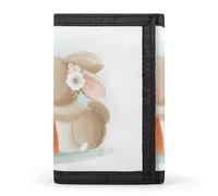 Elegante e grazioso coniglietto pasquale che tiene in mano una grande carota con fiori, portafoglio a tre ante, elegante borsa con portachiavi, porta carte di credito per scontrini, ricevute, donne e