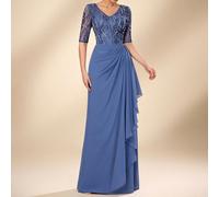 Elegante e lussuoso abito da donna con scollo a V blu, decorato con perline e ricami, maniche a 3/4, plissettato con balze asimmetriche sul fondo, adatto per tutte le occasioni formali, abito per la m