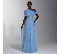 Elegante e lussuoso abito da sera a sirena con ricamo, paillettes, pizzo, patchwork, maglia elastica e rete, monospalla, arricciato e maniche a volant, adatto per matrimonio, festa, addio al celibato,