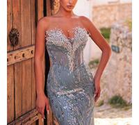 Elegante e lussuoso abito da sera con decorazioni di perline e diamanti a bolle, nuovo design in pizzo ricamato, sexy senza spalline con coda a sirena, adatto per matrimoni, feste di addio al nubilato