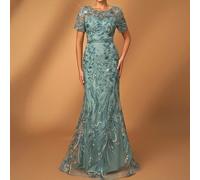 Elegante e lussuoso abito da sera con maniche trasparenti, decorato con ricami in pizzo, paillettes e motivi floreali. Adatto per matrimoni, addii al nubilato, feste, banchetti, luna di miele, San Val