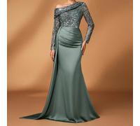 Elegante e lussuoso abito da sera lungo in maglia trasparente con inserti in pizzo e perle sintetiche, arricciato e a coda di pesce, adatto per matrimoni, feste, vacanze, balli, eventi serali, San Val