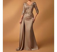 Elegante e lussuoso abito da sirena a maniche lunghe in raso con ricami in pizzo, patchwork elastico e arricciature, con design applicato, adatto per matrimoni, feste, vacanze, balli, madre della spos