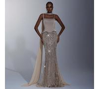 Elegante e lussuoso abito da sirena con fiori decorati con perline e paillettes, in tessuto di raso elastico con collo a canottiera, adatto per matrimoni, feste, balli, banchetti L,M,S,XL,XS,XXL,XXS,X