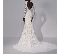 Elegante e lussuoso abito da sposa lungo con scollo a V in pizzo stretch bianco e champagne, maniche lunghe, schiena scoperta, orlo a sirena, adatto per matrimoni, festival, feste, stagione di laurea.