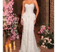 Elegante e lussuoso abito in chiffon con spalle scoperte, ricamato in pizzo e perle, con design a volant 3D sul fondo, adatto per serate di gala, eventi formali aziendali, abbigliamento da ospite L,M,