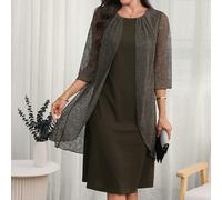 Elegante e lussuoso abito in chiffon finto due pezzi in verde oliva e oro con maniche a tre quarti per matrimonio, madre della sposa, compleanno, cena, appuntamento, autunno L,M,S,XLColore unicoTessut