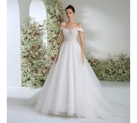 Elegante e nobile abito lungo da donna con spalle scoperte, in pizzo bianco Firenze con applicazioni, abito da sposa ampio a-line con maniche a palloncino, extra-large, adatto per matrimoni all'aperto