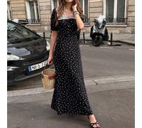 Elegante e romantico abito da donna in stile retrò francese con colletto in pizzo e motivo floreale, nuova collezione primavera/estate, vestito lungo con maniche corte e vita svasata che valorizza la