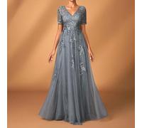 Elegante e romantico abito di lusso grigio con ricamo di paillettes, scollo a V, maniche a 3/4, orlo in rete, design con applicazioni di lusso, adatto per serate, feste, appuntamenti, festival musical