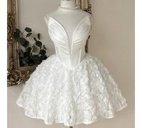 Elegante e romantico abito di moda in raso bianco con scollo a V, pizzo floreale 3D e orlo con volant, adatto per il ritorno a scuola, matrimonio, laurea, addio al nubilato, vacanze, ballo di fine ann