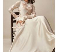 Elegante e romantico abito lungo da donna aderente con collo rotondo e maniche lunghe, per matrimonio, madre della sposa, bianco sporco, autunnale L,M,S,XLTessuto