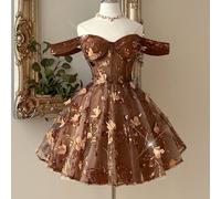 Elegante e romantico abito verde erba con spalle scoperte, con decorazioni floreali 3D in paillettes di lusso, vita arricciata, orlo a pesce, linea A con balza, adatto per laurea, matrimonio, complean