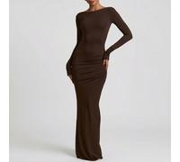 Elegante e sexy abito aderente a maniche lunghe e schiena scoperta per donna, abito lungo stile vintage a collo a barca in maglia, abito dritto a media elasticità con orlo diritto L,M,S,XSColore unico