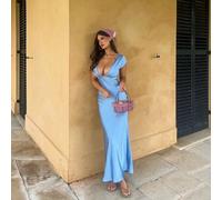 Elegante e sexy abito da festa aderente con scollo a V profondo, abito da damigella d'onore da matrimonio grazioso, design con schiena scoperta e nodo, in tessuto di raso lucido L,M,S,XSColore unicoRa