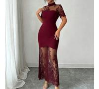 Elegante e sexy abito midi aderente con inserti in pizzo traforato e maniche corte, vita svasata. Abito lungo in pizzo aderente di alta qualità, con finitura in pizzo, aderente come una sirena L,M,S,X