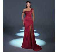 Elegante e sofisticato abito da sera in raso asimmetrico con spalla decorata con paillettes e spacco alto in vita a coda di pesce | Look da sera drammatico per gala, feste o eventi di lusso L,M,S,XL,X