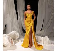 Elegante e sofisticato abito da sera in raso asimmetrico con spalla decorata con paillettes e spacco alto in vita a coda di pesce | Look da sera drammatico per gala, feste o eventi di lusso L,M,S,XL,X