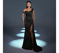 Elegante e sofisticato abito da sera in raso asimmetrico con spalla decorata con paillettes e spacco alto in vita a coda di pesce | Look da sera drammatico per gala, feste o eventi di lusso L,M,S,XL,X