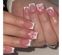 Elegante fiore rialzato Press On Nails punta francese unghie finte comode riutilizzabili falso per uso quotidiano elegante sera partito artificiale chiodo