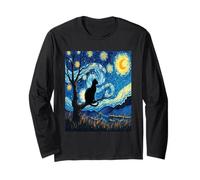 Elegante Gatto Silhouette Van Gogh Starry Peaceful Night Art Maglia a Manica