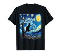 Elegante Gatto Silhouette Van Gogh Starry Peaceful Night Art Maglietta