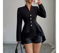 Elegante giacca da donna con scollo a V, maniche raglan e manica lunga, vita segnata, orlo asimmetrico a balze, colore nero tinta unita, adatta per l'ufficio e il tempo libero L,M,S,XLColore unicoTess