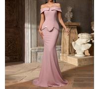 Elegante, glamour e di stile, questo abito in maglia stretch color rosa chiaro presenta decorazioni in nastro di paillettes cucite a mano, un design off-the-shoulder, uno stile 2 in 1, una silhouette 