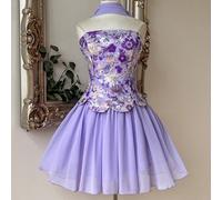 Elegante gonna a trapezio in chiffon con patchwork ricamato con paillettes 3D multicolore lavanda, stile bandeau, design 2 in 1 con vita 3D, abito corto mini a trapezio svasato, adatto per visite in n