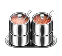 Elegante kit per spezie con quattro contenitori in acciaio inox con coperchi e vassoi sicuri, perfetti per mantenere freschi i sapori