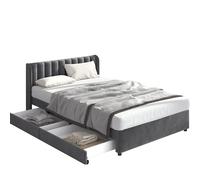 Elegante letto imbottito in morbido velluto con testiera imbottita, robusta rete a doghe in legno massello, due cassetti scorrevoli su ruote, struttura stabile (grigio, 140 x 200 cm)
