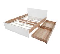 Elegante letto matrimoniale con 2 cassetti e robuste doghe in legno, design moderno in bianco e rovere, ampio spazio sotto il letto, per ogni camera da letto (senza materasso, 180 x 200 cm)