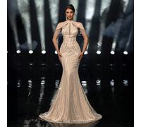 Elegante, lussuoso, dignitoso, abito glamour in tessuto con paillettes color cachi, con design a maniche con nappe, orlo a sirena, strascico, adatto per vacanze, matrimoni, addii al nubilato, gala, ab