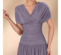 Elegante lussuoso romantico abito in maglia elastica con maniche arricciate a rete, scollo a V, linea a sirena e A-line, adatto per matrimoni, addii al nubilato, vacanze, abito da sera per la madre de