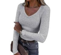 Elegante maglietta a maniche lunghe con taglio a V per le donne in misto poliestere leggero design dimagrante usura quotidiana scelte di colore libero elastico da donna top quotidiano, Grigio chiaro