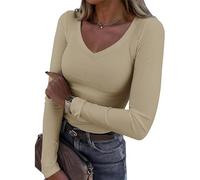 Elegante maglietta a maniche lunghe con taglio a V per le donne in misto poliestere leggero design dimagrante usura quotidiana scelte di colore libero elastico da donna top quotidiano, Be, M