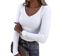 Elegante maglietta a maniche lunghe con taglio a V per le donne in misto poliestere leggero design dimagrante usura quotidiana scelte di colore libero elastico da donna top quotidiano, bianco, XXL