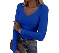 Elegante maglietta a maniche lunghe con taglio a V per le donne in misto poliestere leggero design dimagrante usura quotidiana scelte di colore libero elastico da donna top quotidiano, Blu, XXL