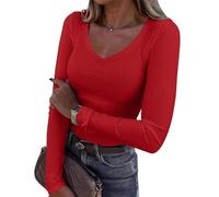 Elegante maglietta a maniche lunghe con taglio a V per le donne in misto poliestere leggero design dimagrante usura quotidiana scelte di colore libero elastico da donna top quotidiano, Rosso, L